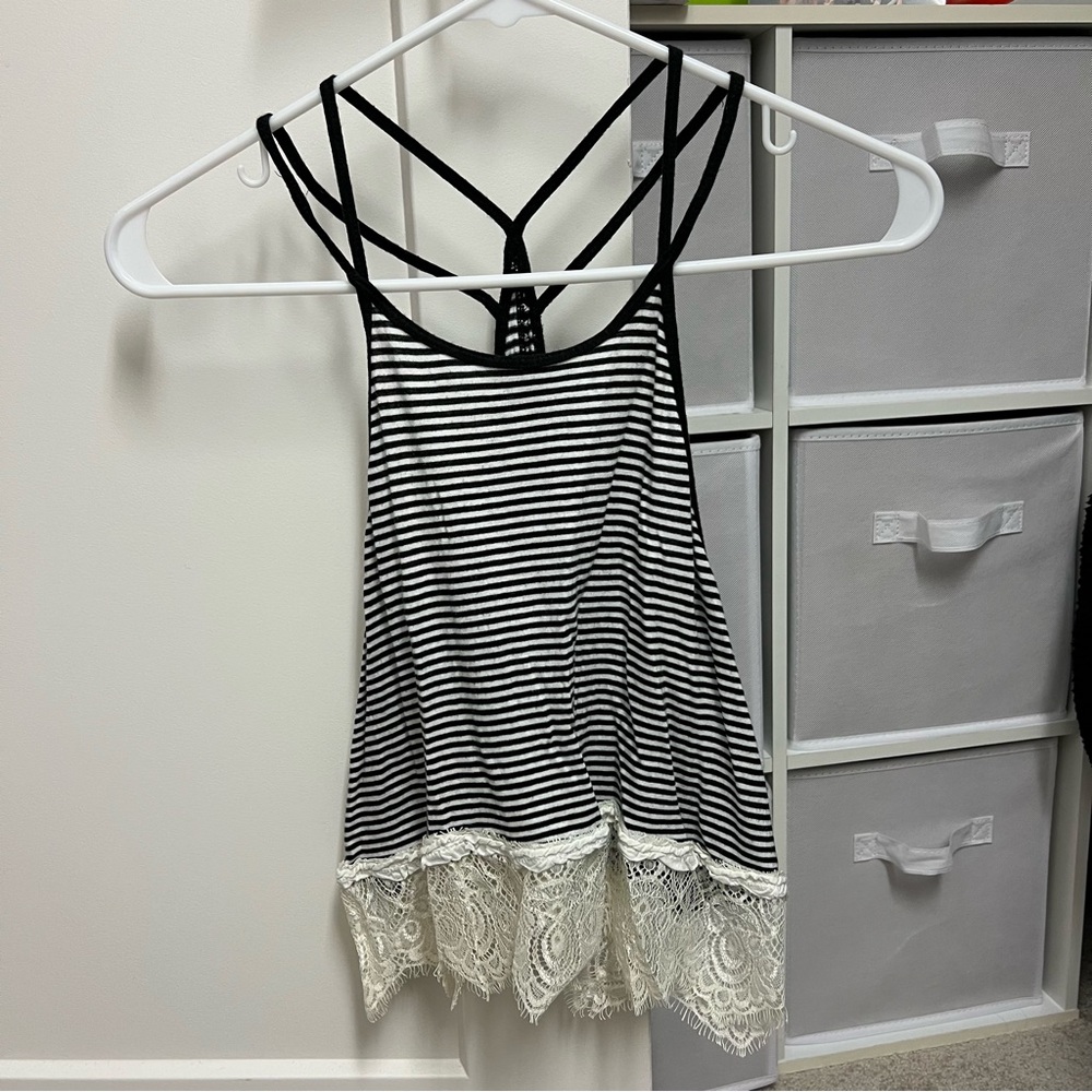 Striped Black and White Lace Hem Women's Top